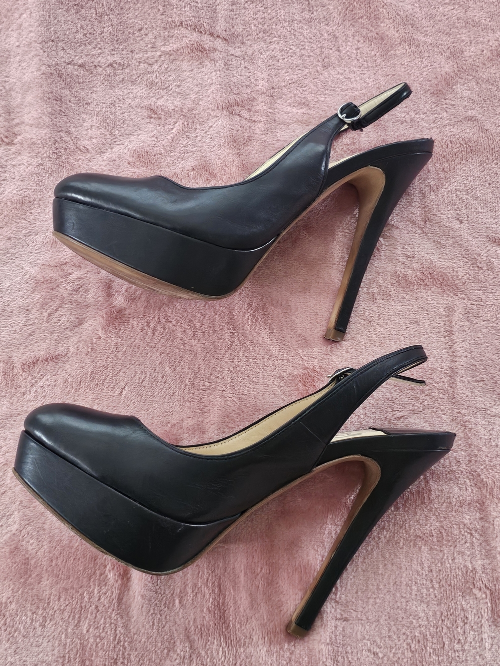 Size 6.5 Barneys New York Black Leather Platform Slingback Pumps Size 37 - Picture 10 of 16